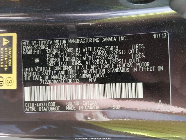 44842507 :رقم المزاد ، 2T2ZK1BA1EC136112 vin ، 2014 Lexus Rx 350 مزاد بيع