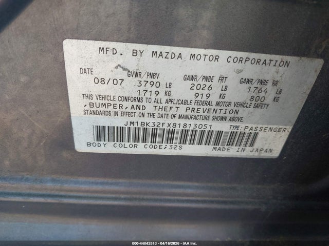 2008 Mazda Mazda3 I მანქანა იყიდება აუქციონზე, vin: JM1BK32FX81813051, აუქციონის ნომერი: 44842513