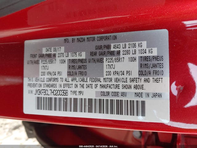44842520 :رقم المزاد ، JM3KFBCL7H0200398 vin ، 2017 Mazda Cx-5 Touring مزاد بيع