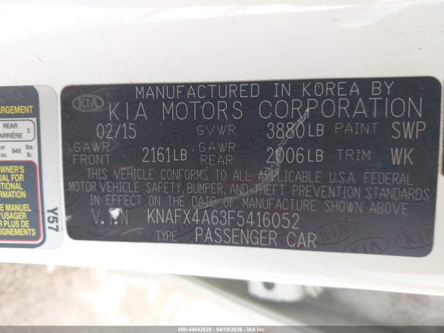 2015 Kia Forte Lx მანქანა იყიდება აუქციონზე, vin: KNAFX4A63F5416052, აუქციონის ნომერი: 44842528