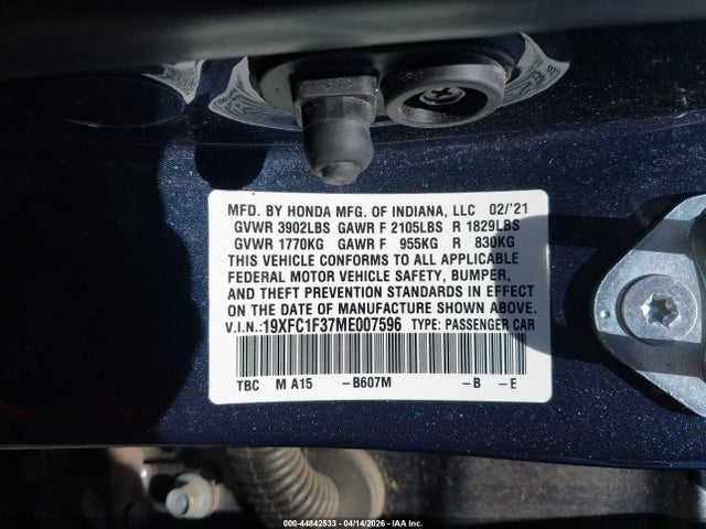 44842533 :رقم المزاد ، 19XFC1F37ME007596 vin ، 2021 Honda Civic Ex مزاد بيع