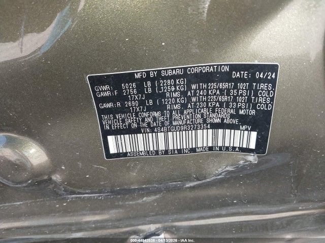 44842538 :رقم المزاد ، 4S4BTGUD9R3273354 vin ، 2024 Subaru Outback Wilderness مزاد بيع