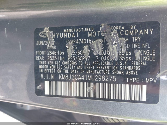Продаж на аукціоні авто 2021 Hyundai Tucson Value, vin: KM8J3CA41MU298275, номер лоту: 44842541