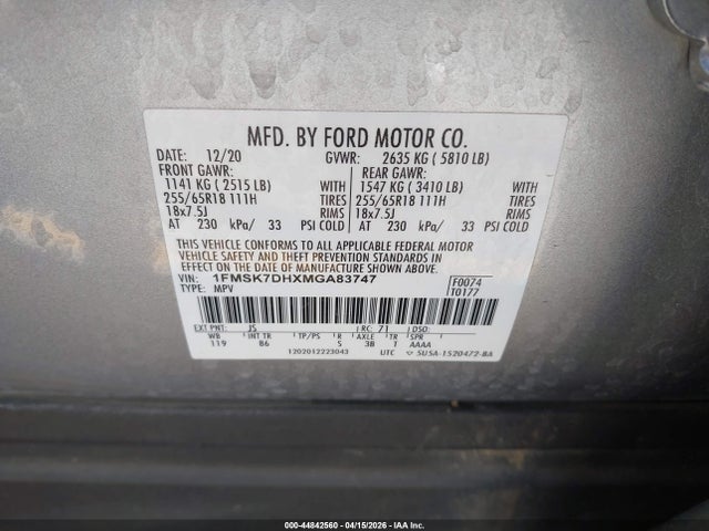 Продажа на аукционе авто 2021 Ford Explorer Xlt, vin: 1FMSK7DHXMGA83747, номер лота: 44842560