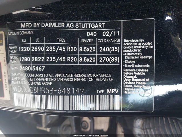44842567 :رقم المزاد ، WDCGG8HB5BF648149 vin ، 2011 Mercedes-benz Glk 350 4matic مزاد بيع