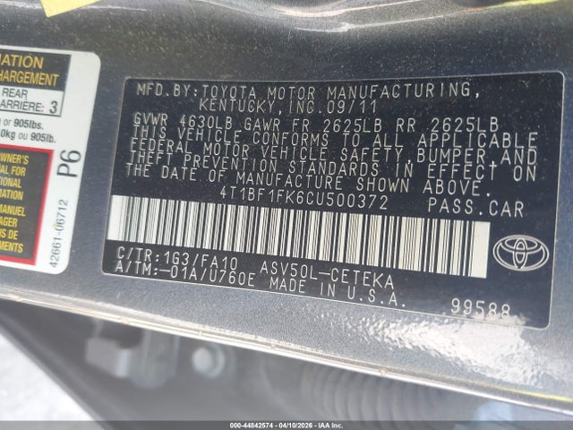 44842574 :رقم المزاد ، 4T1BF1FK6CU500372 vin ، 2012 Toyota Camry L مزاد بيع