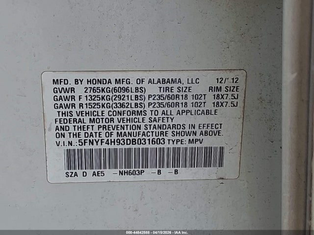 2013 Honda Pilot Touring მანქანა იყიდება აუქციონზე, vin: 5FNYF4H93DB031603, აუქციონის ნომერი: 44842588