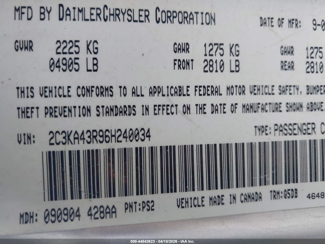 44842623 :رقم المزاد ، 2C3KA43R96H240034 vin ، 2006 Chrysler 300 مزاد بيع