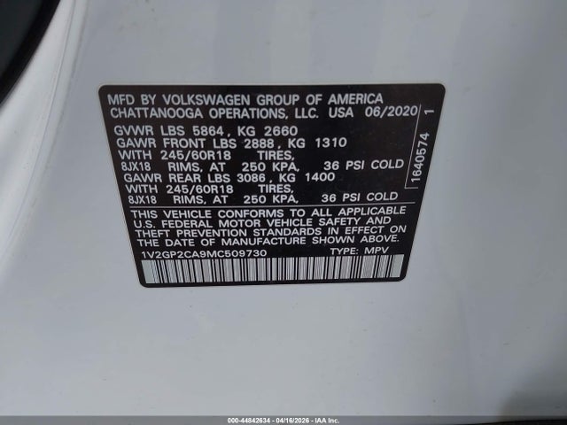 2021 Volkswagen Atlas 2.0t S მანქანა იყიდება აუქციონზე, vin: 1V2GP2CA9MC509730, აუქციონის ნომერი: 44842634