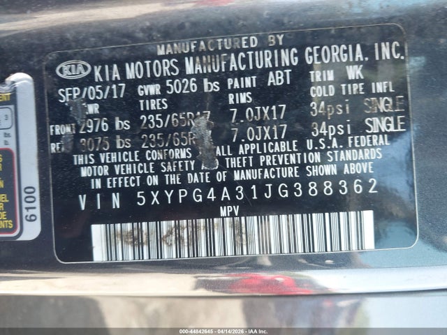 Aukcja sprzedaży 2018 Kia Sorento 2.4l Lx, vin: 5XYPG4A31JG388362, numer aukcji: 44842645