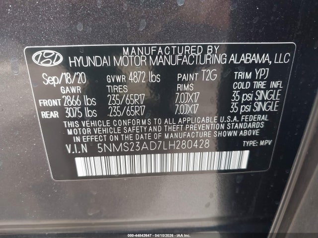 2020 Hyundai Santa Fe Se მანქანა იყიდება აუქციონზე, vin: 5NMS23AD7LH280428, აუქციონის ნომერი: 44842647