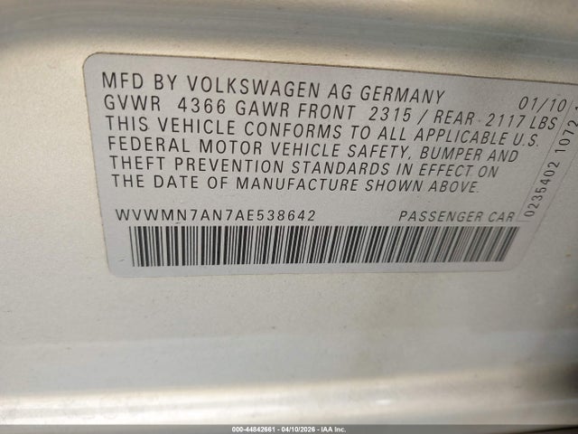 2010 Volkswagen Cc Sport მანქანა იყიდება აუქციონზე, vin: WVWMN7AN7AE538642, აუქციონის ნომერი: 44842661