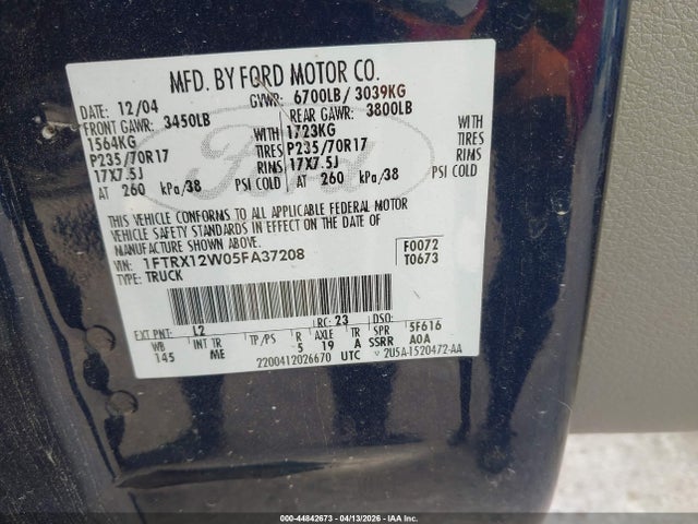 2005 Ford F-150 Stx/xl/xlt მანქანა იყიდება აუქციონზე, vin: 1FTRX12W05FA37208, აუქციონის ნომერი: 44842673