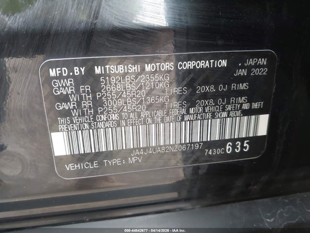 44842677 :رقم المزاد ، JA4J4UA82NZ067197 vin ، 2022 Mitsubishi Outlander Black Edition S-awc/se 2.5 S-awc/se Launch Edition S-awc مزاد بيع