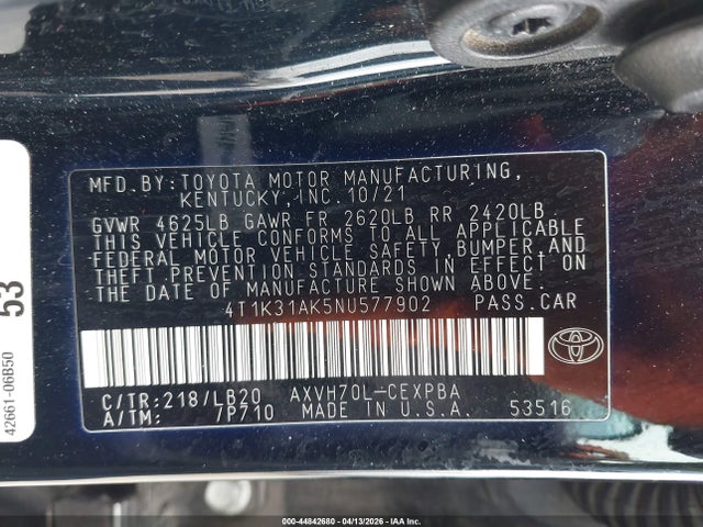 2022 Toyota Camry Xse Hybrid მანქანა იყიდება აუქციონზე, vin: 4T1K31AK5NU577902, აუქციონის ნომერი: 44842680