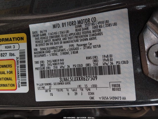 44842692 :رقم المزاد ، 3LN6L5LUXKR627509 vin ، 2019 Lincoln Mkz Hybrid Reserve I مزاد بيع