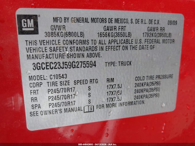 Продаж на аукціоні авто 2009 Chevrolet Silverado 1500 Lt, vin: 3GCEC23J59G275594, номер лоту: 44842693