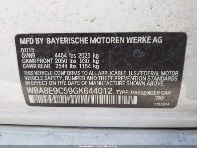 44842703 :رقم المزاد ، WBA8E9C59GK644012 vin ، 2016 Bmw 328i مزاد بيع