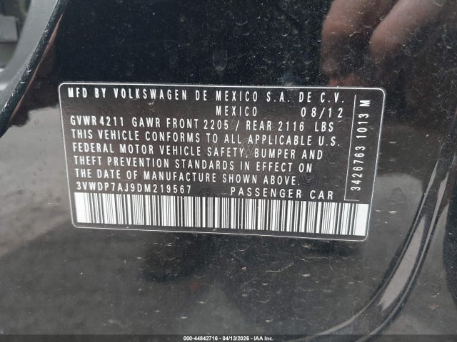 44842716 :رقم المزاد ، 3VWDP7AJ9DM219567 vin ، 2013 Volkswagen Jetta 2.5l Se مزاد بيع