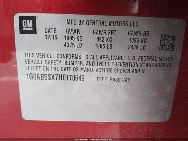 1G6AB5SX7H0170649 Cadillac Ats Luxury Rwd