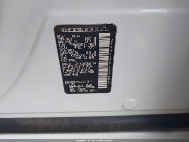 Aukcja sprzedaży 2015 Infiniti Qx80, vin: JN8AZ2NCXF9370647, numer aukcji: 44842720