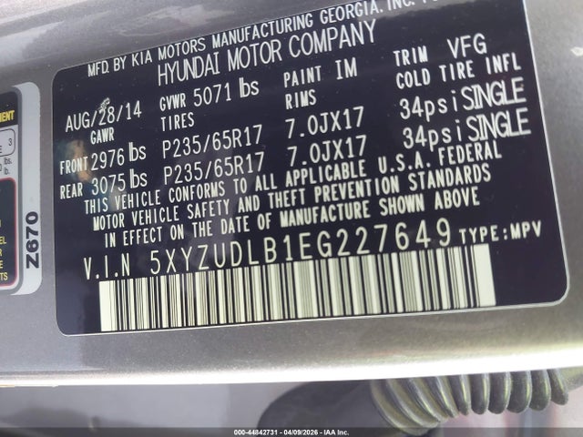 5XYZUDLB1EG227649 Hyundai Santa Fe Sport 2.4l