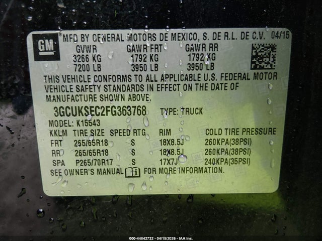 44842732 :رقم المزاد ، 3GCUKSEC2FG363768 vin ، 2015 Chevrolet Silverado 1500 2lz مزاد بيع
