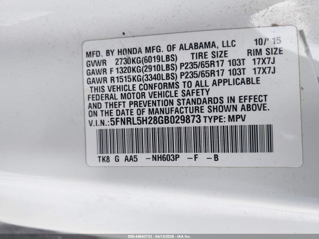 5FNRL5H28GB029873 Honda ODYSSEY LX