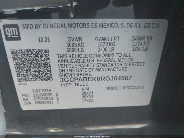 Aukcja sprzedaży 2024 Chevrolet Silverado 1500 2wd  Short Bed Custom, vin: 3GCPABEK0RG164567, numer aukcji: 44842734
