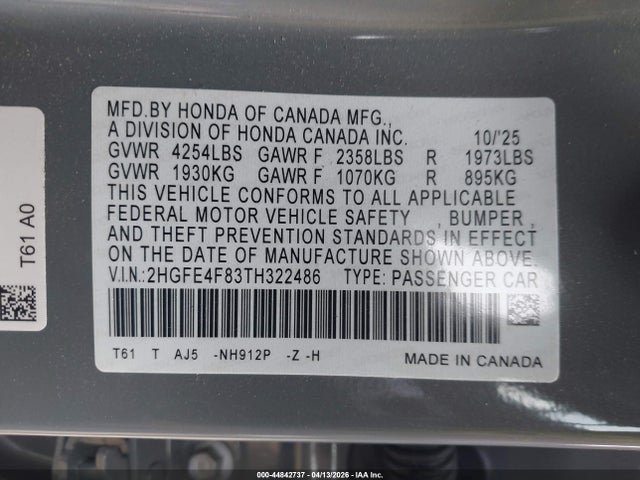 Продаж на аукціоні авто 2026 Honda Civic Hybrid Sport/sport Touring, vin: 2HGFE4F83TH322486, номер лоту: 44842737