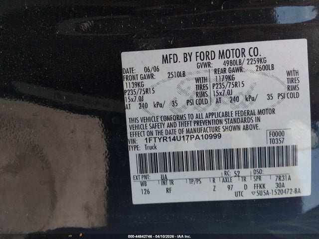 Aukcja sprzedaży 2007 Ford Ranger Sport/stx/xl/xlt, vin: 1FTYR14U17PA10999, numer aukcji: 44842746