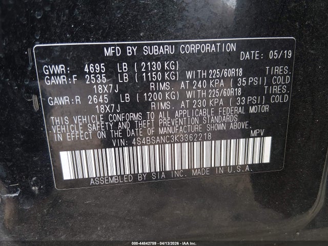 Aukcja sprzedaży 2019 Subaru Outback 2.5i Limited, vin: 4S4BSANC3K3362218, numer aukcji: 44842759