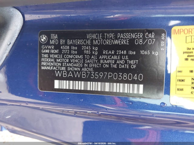 Aukcja sprzedaży 2007 Bmw 335i, vin: WBAWB73597P038040, numer aukcji: 44842761