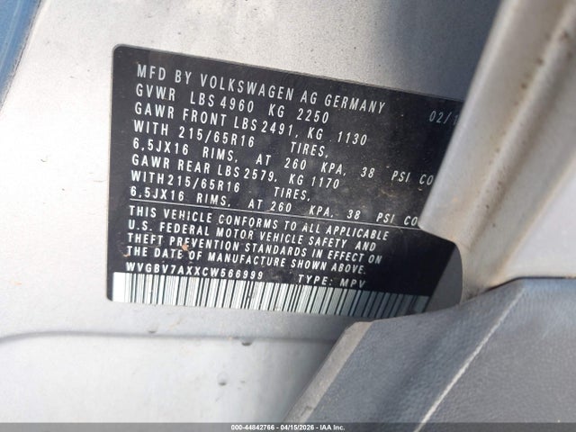 Продажа на аукционе авто 2012 Volkswagen Tiguan S, vin: WVGBV7AXXCW566999, номер лота: 44842766