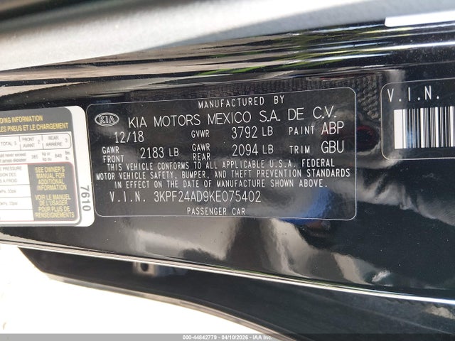 Aukcja sprzedaży 2019 Kia Forte Lxs, vin: 3KPF24AD9KE075402, numer aukcji: 44842779