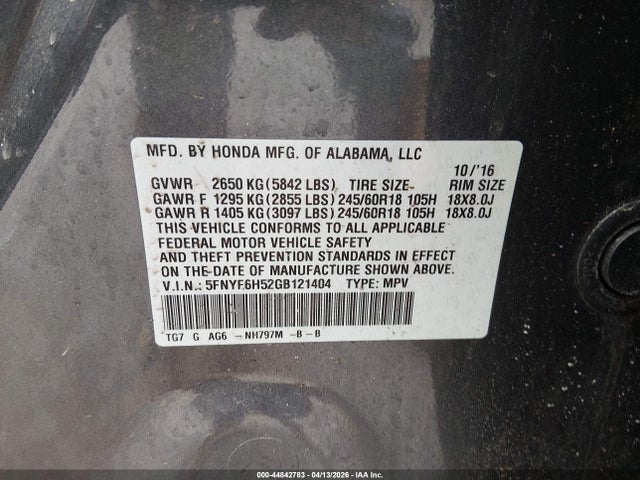 5FNYF6H52GB121404 Honda Pilot Ex-l