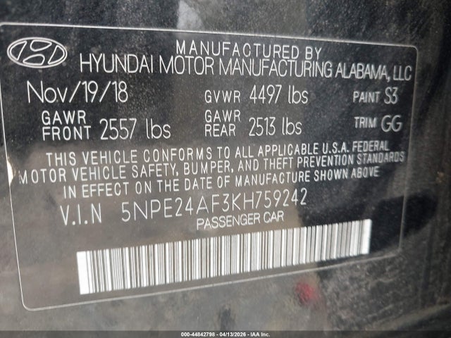 Продаж на аукціоні авто 2019 Hyundai Sonata Se, vin: 5NPE24AF3KH759242, номер лоту: 44842798