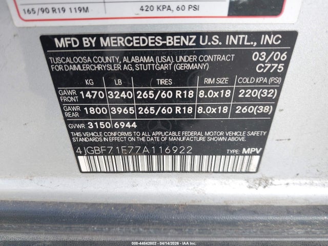 44842802 :رقم المزاد ، 4JGBF71E77A116922 vin ، 2007 Mercedes-benz Gl 450 4matic مزاد بيع