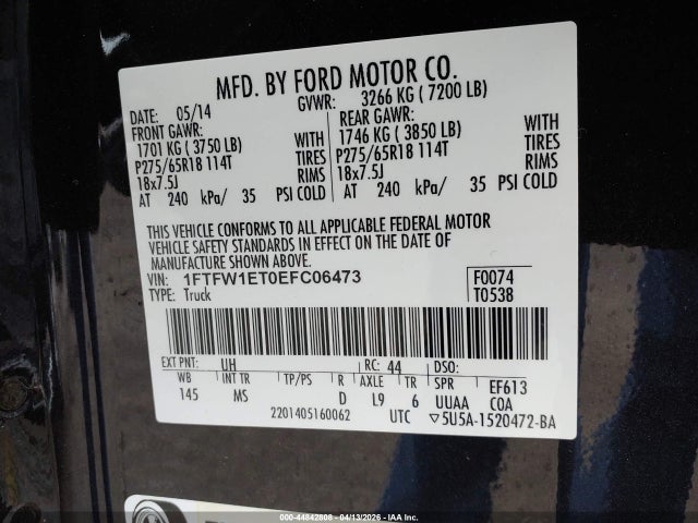 44842808 :رقم المزاد ، 1FTFW1ET0EFC06473 vin ، 2014 Ford F-150 Xlt مزاد بيع