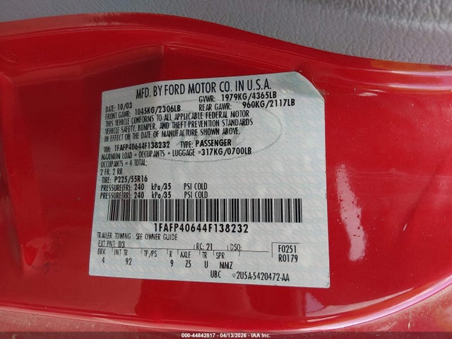 Aukcja sprzedaży 2004 Ford Mustang, vin: 1FAFP40644F138232, numer aukcji: 44842817