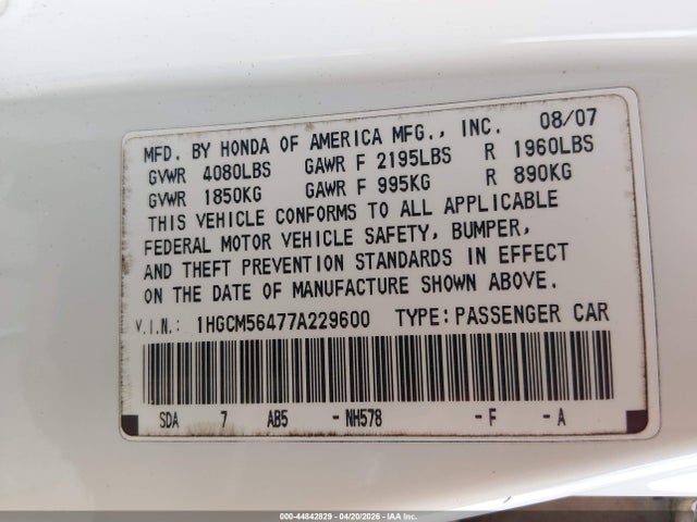 Aukcja sprzedaży 2007 Honda Accord 2.4 Lx, vin: 1HGCM56477A229600, numer aukcji: 44842829