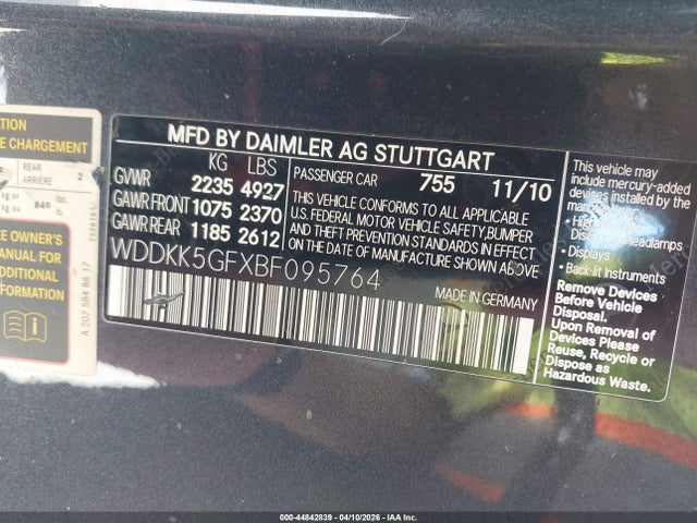 2011 Mercedes-benz E 350 მანქანა იყიდება აუქციონზე, vin: WDDKK5GFXBF095764, აუქციონის ნომერი: 44842839