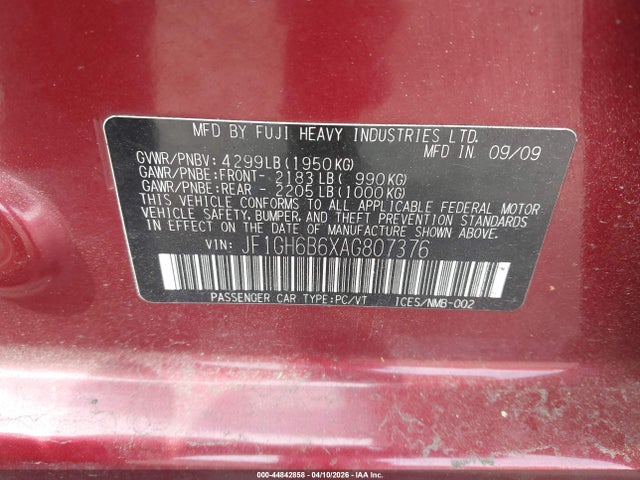 Aukcja sprzedaży 2010 Subaru Impreza 2.5i Premium, vin: JF1GH6B6XAG807376, numer aukcji: 44842858
