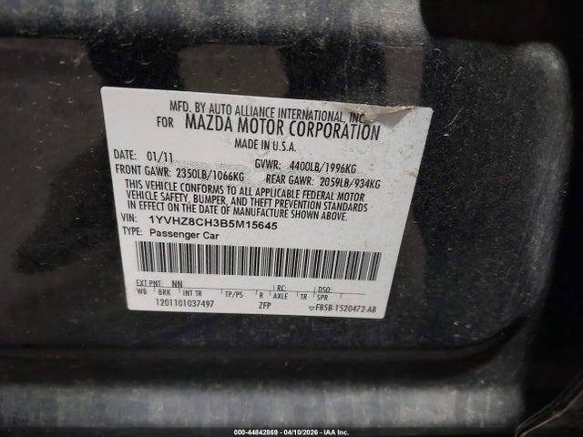 44842869 :رقم المزاد ، 1YVHZ8CH3B5M15645 vin ، 2011 Mazda Mazda6 I Touring مزاد بيع