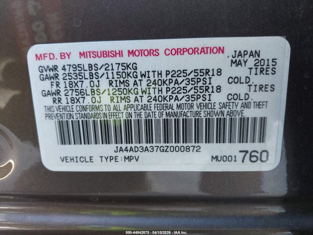 JA4AD3A37GZ000872 Mitsubishi Outlander Sel
