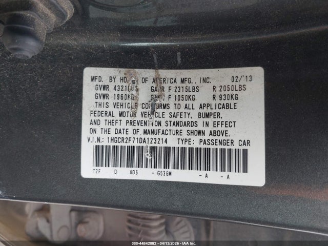44842882 :رقم المزاد ، 1HGCR2F71DA123214 vin ، 2013 Honda Accord Ex مزاد بيع