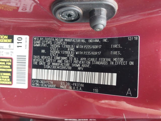 Продажа на аукционе авто 2019 Toyota Sienna Le 7 Passenger, vin: 5TDKZ3DC4KS995788, номер лота: 44842884