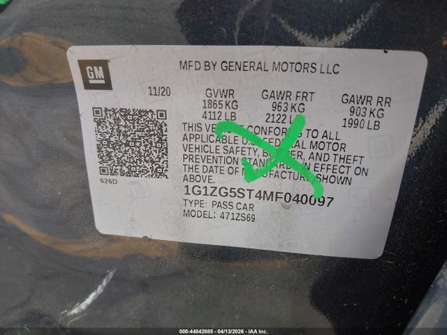 2021 Chevrolet Malibu Fwd Rs მანქანა იყიდება აუქციონზე, vin: 1G1ZG5ST4MF040097, აუქციონის ნომერი: 44842885