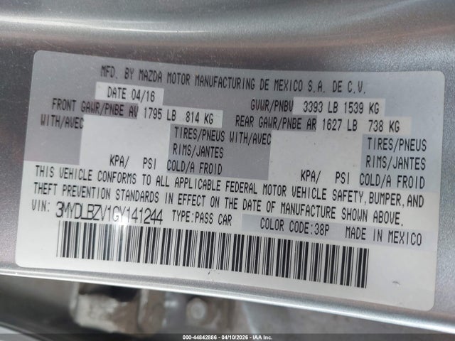 44842886 :رقم المزاد ، 3MYDLBZV1GY141244 vin ، 2016 Scion Ia مزاد بيع