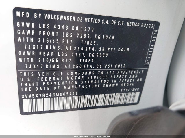 44842915 :رقم المزاد ، 3VV5X7B24RM005741 vin ، 2024 Volkswagen Taos 1.5t S مزاد بيع